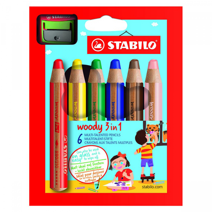 Woody 3-in-1 Kleurpotloden 6-set + puntenslijper (3 jaar+) in de groep Kids / Kinderpotloden en -stiften / Kleurpotloden voor kinderen bij Voorcrea (100443)