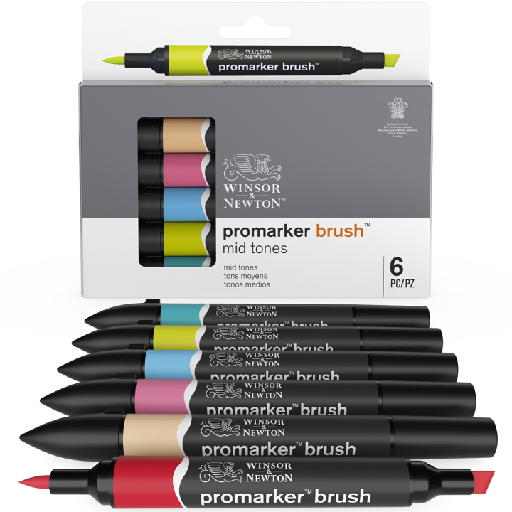 ProMarker Brush 6-set Mid Tones in de groep Pennen / Kunstenaarspotloden en -stiften / Illustratiemarkers bij Voorcrea (100552)