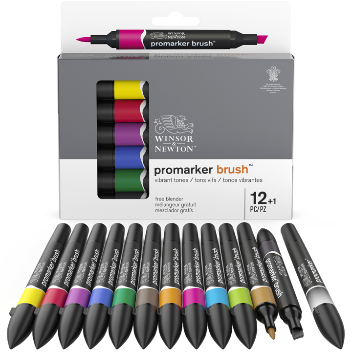 ProMarker Brush Vibrant Tones 12-set + Blender in de groep Pennen / Kunstenaarspotloden en -stiften / Illustratiemarkers bij Voorcrea (100557)