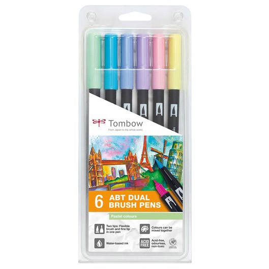 ABT Dual Brush pen 6-set Pastel in de groep Pennen / Kunstenaarspotloden en -stiften / Penseelstiften bij Voorcrea (101080)