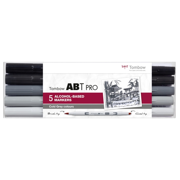 ABT PRO Dual Brush Pen 5-set Cold Grey in de groep Pennen / Kunstenaarspotloden en -stiften / Penseelstiften bij Voorcrea (101259)