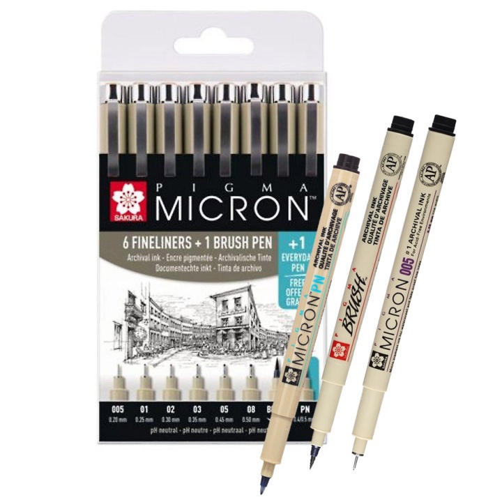 Pigma Micron Fineliner 6-set + 1 Brush Pen + 1 PN in de groep Pennen / Schrijven / Fineliners bij Voorcrea (103855)
