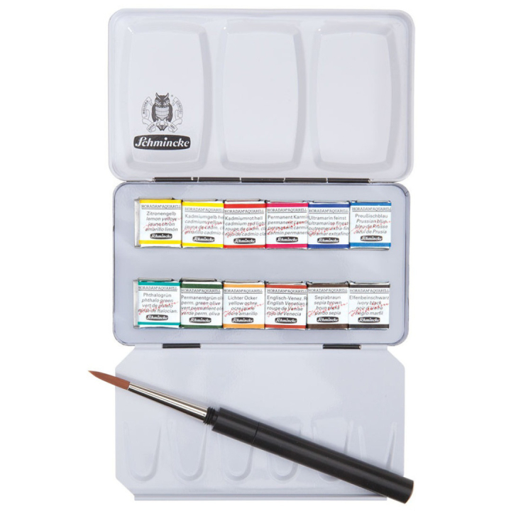 Horadam Aquarell Metal 12-set + penseel in de groep Kunstenaarsmateriaal / Kunstenaarsverf / Aquarelverf / Aquarelverf in napje bij Voorcrea (110726)