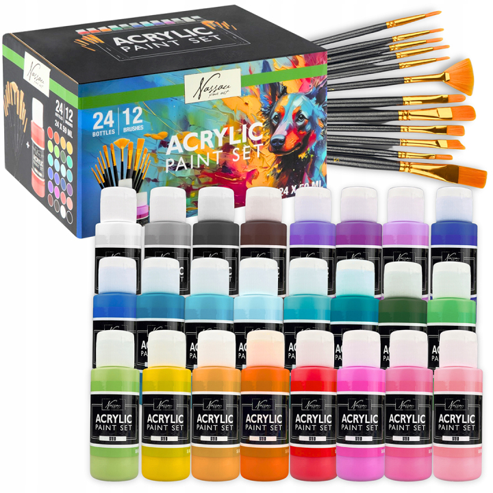Acrylset 24 kleuren (59 ml) + 12 penselen in de groep Kunstenaarsmateriaal / Kunstenaarsverf / Acrylverf bij Voorcrea (134423)