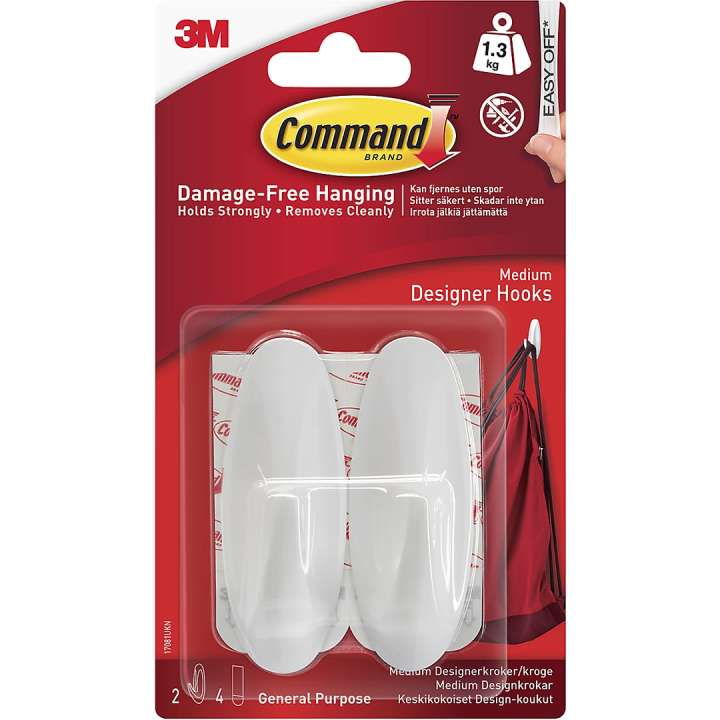 Command Zelfklevende Haken Design Medium Wit 2-pack in de groep Creëren & Hobby / Organiseren / Lijsten / Ophangsysteem voor lijsten bij Voorcrea (135683)