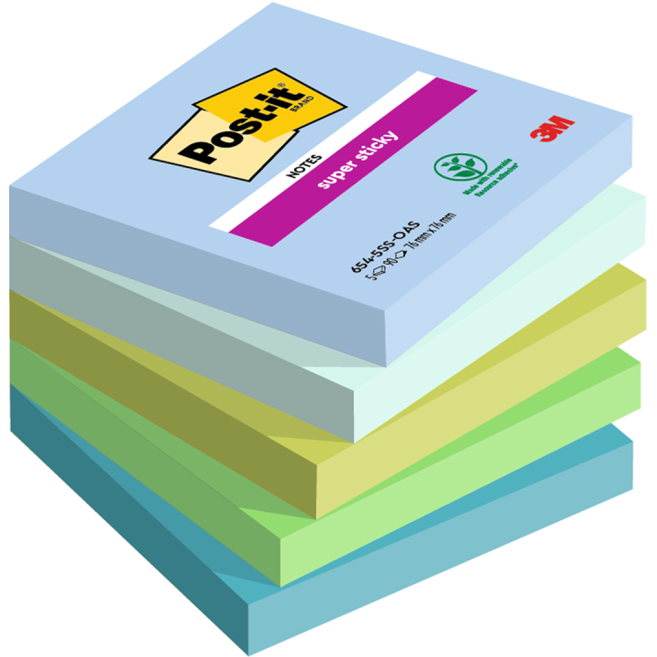 Post-it Super Sticky 76x76 Kleurenmix Oasis 5-pack in de groep Papier & Blokken / Schrijven en noteren / Post-it en notitieblokjes bij Voorcrea (135718)