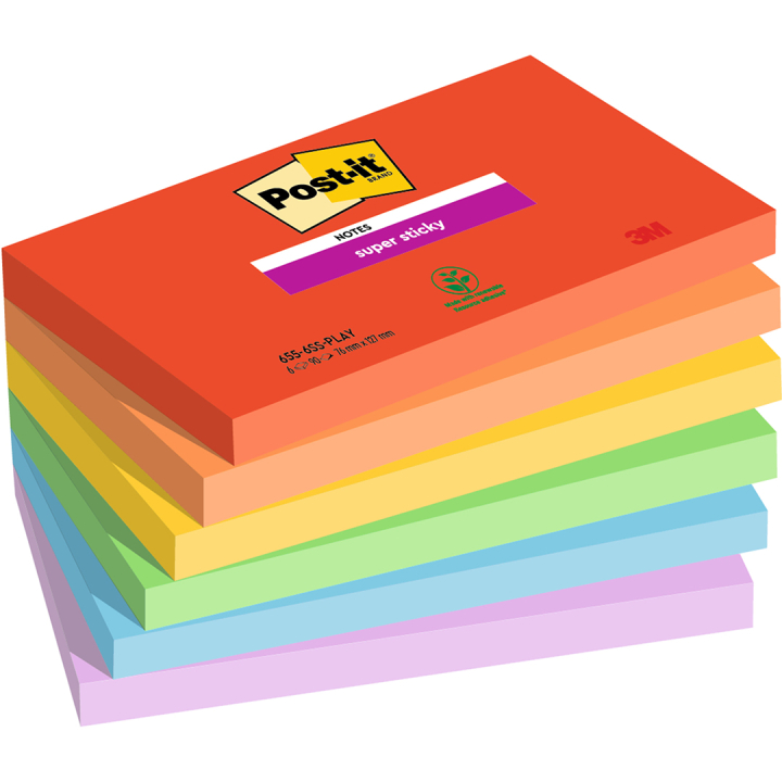 Post-it Super Sticky 76x127 Kleurenmix Playful 6-pack in de groep Papier & Blokken / Schrijven en noteren / Post-it en notitieblokjes bij Voorcrea (135720)