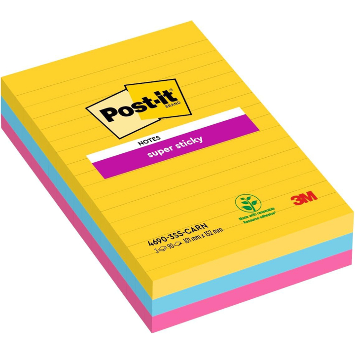 Post-it Super Sticky 101 x 152 mm Kleurenmix Carnival Gelijnd 3-pack in de groep Papier & Blokken / Schrijven en noteren / Post-it en notitieblokjes bij Voorcrea (135725)