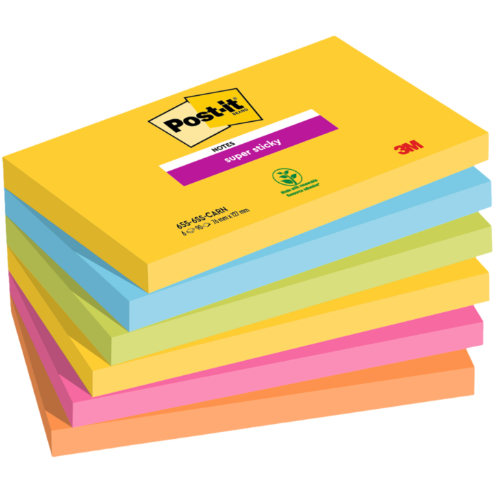 Post-it Super Sticky 76x127 Kleurenmix Carnival 6-pack in de groep Papier & Blokken / Schrijven en noteren / Post-it en notitieblokjes bij Voorcrea (135731)