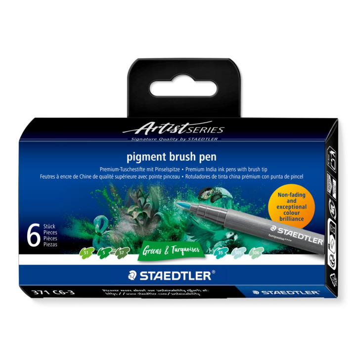 Pigment Arts Brush Pen 6-set Green/Turquoise in de groep Pennen / Kunstenaarspotloden en -stiften / Brushpennen bij Voorcrea (137613)