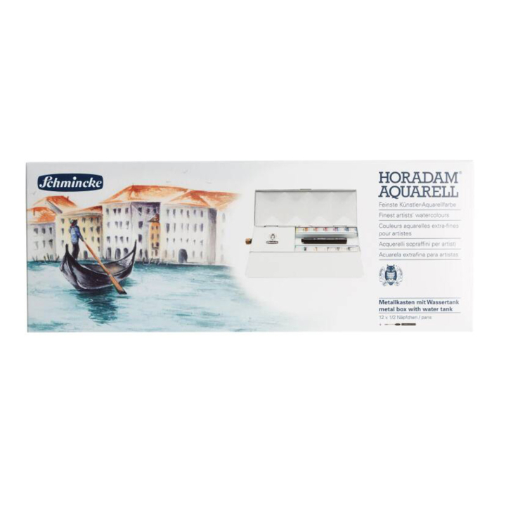 Horadam Aquarell Half Pans 12-set + watertank in de groep Kunstenaarsmateriaal / Kunstenaarsverf / Aquarelverf / Aquarelverf in napje bij Voorcrea (137803)