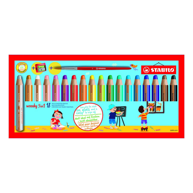 Woody 3-in-1 Kleurpotloden 18-set + puntenslijper en penseel (3 jaar+)