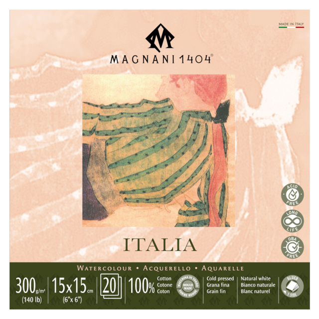 Aquarelblok Italia 100% Katoen 300g Fine Grain 15x15cm 20 Sheets