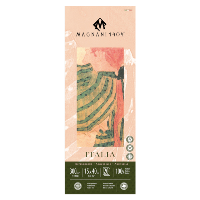 Aquarelblok Italia 100% Katoen 300g Fine Grain 15x40cm 20 Sheets