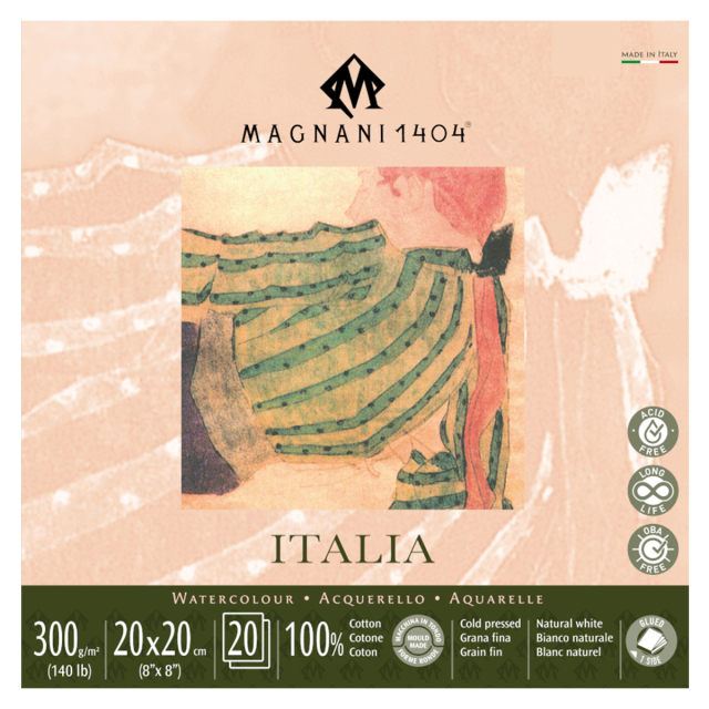 Aquarelblok Italia 100% Katoen 300g Fine Grain 20x20cm 20 Sheets