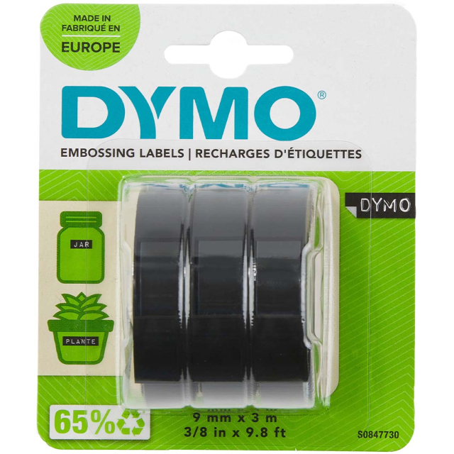 Embossing Label Tape 9mm x 3m Zwart 3-pack