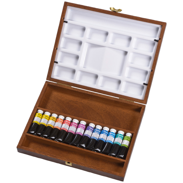 Aquarellen 13x15 ml Houten Doos + 2 Paletten