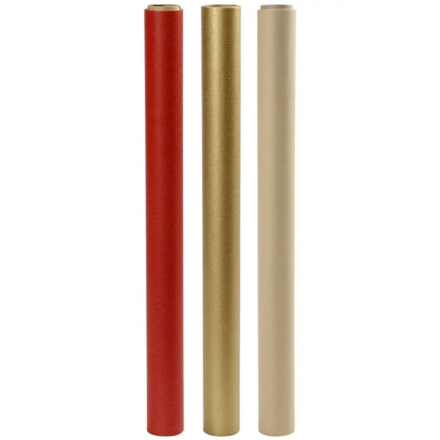 Cadeaupapier 3-pak 50cm x 5m Kraft/Goud/Rood