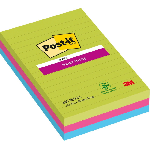 Post-it Super Sticky 101 x 152 mm Kleurenmix Gelijnd 3-pack