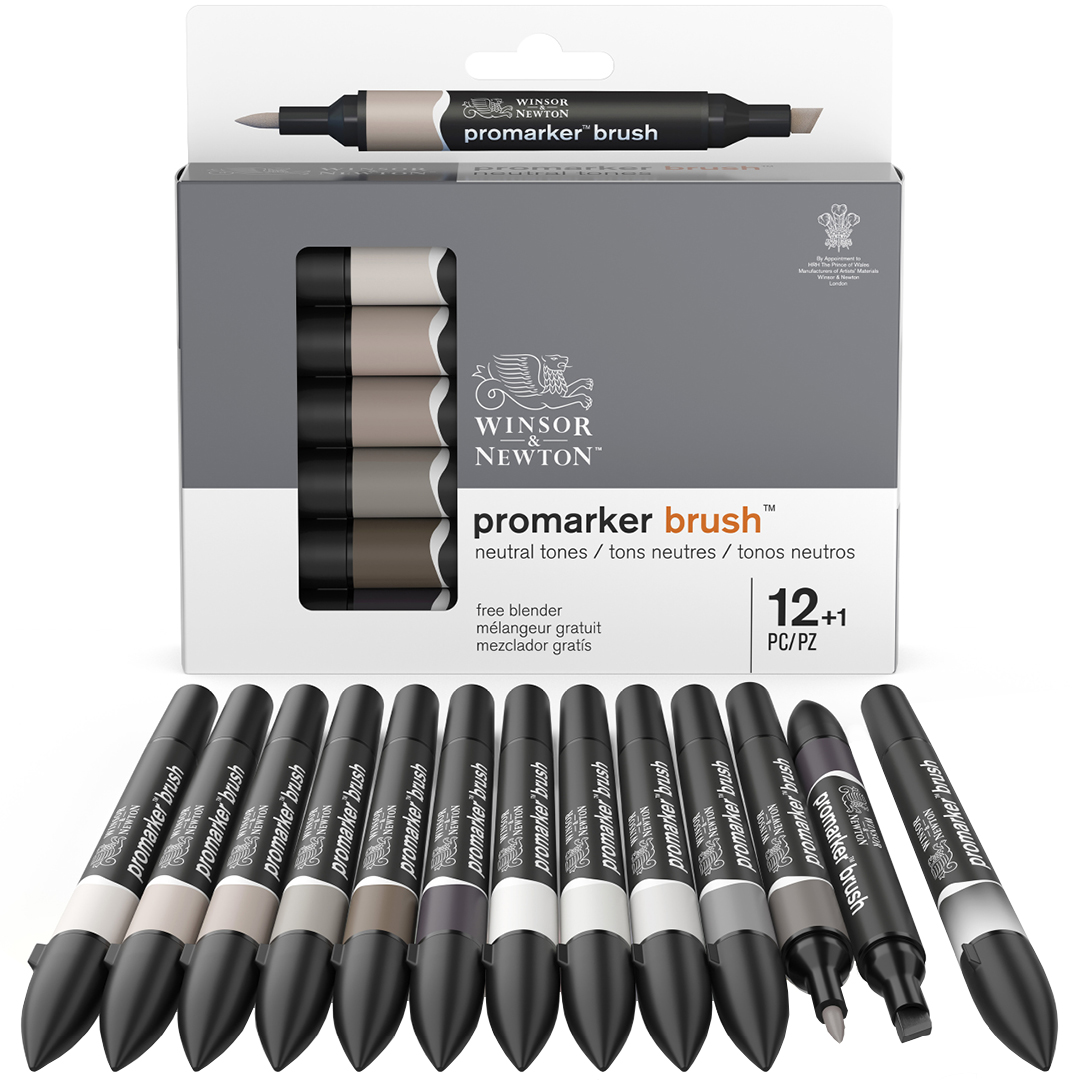 ProMarker Brush Neutral Tones 12-set + Blender in de groep Pennen / Kunstenaarspotloden en -stiften / Illustratiemarkers bij Voorcrea (100556)