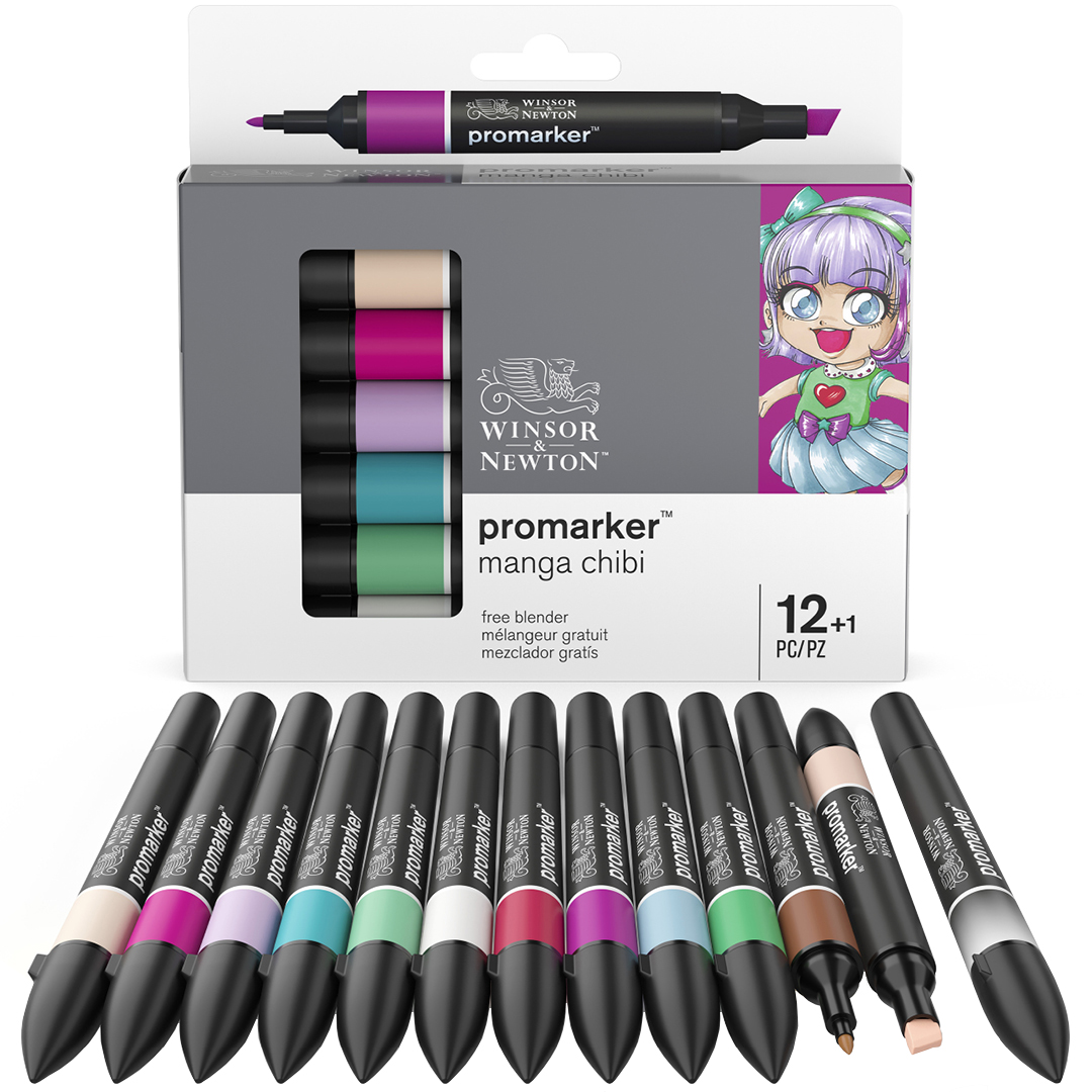 ProMarker 12-set + blender (Manga Chibi) in de groep Pennen / Kunstenaarspotloden en -stiften / Viltstiften bij Voorcrea (100560)